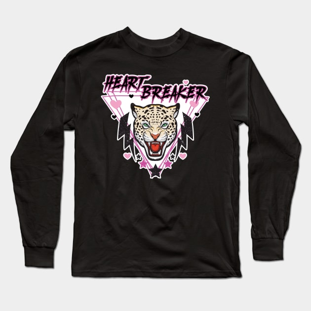 Retro Anti-Valentines Day Heart Breaker 80s 90s Leopard  Black Long Sleeve T-Shirt by PUFFYP